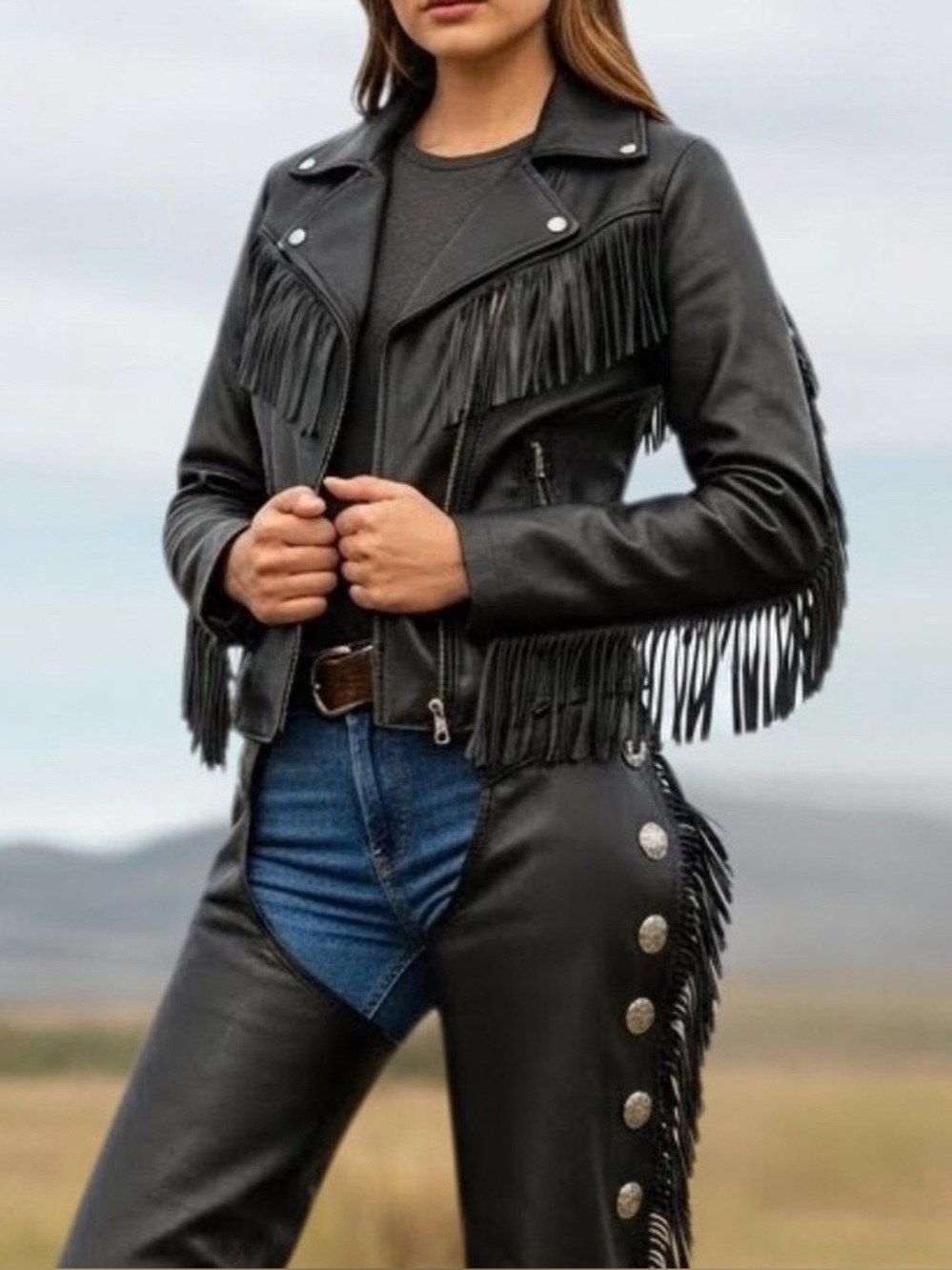 Black Fringe Leather Moto Jacket - Women